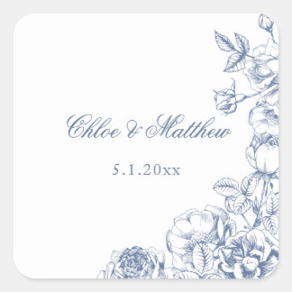 Adesivo Quadrado Clássico Casamento Floral Azul Elegante e Empolado