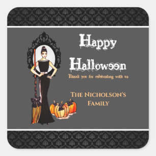 Adesivo Quadrado Clássico de Halloween Elegante Vestido Preto Longo