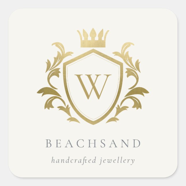 Adesivo Quadrado Clássico Elegante Dourado Monograma Fleal Crest (Frente)