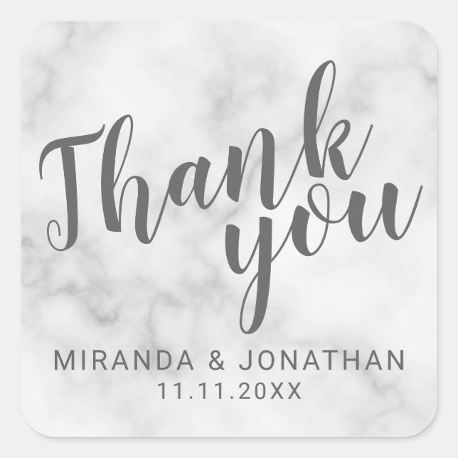 Adesivo Quadrado Clássico Elegante Marble Wedding Favor Obrigado (Frente)