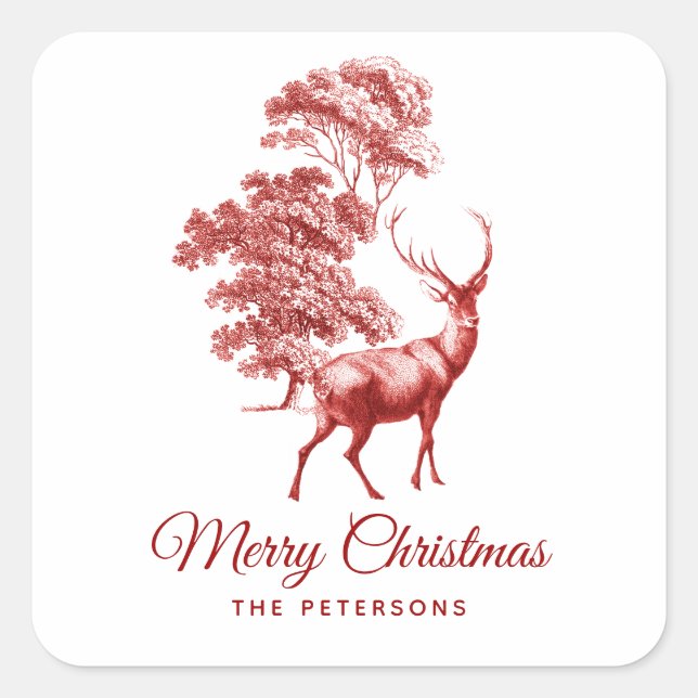 Adesivo Quadrado Clássico Red Toile Deer em Floresta (Frente)