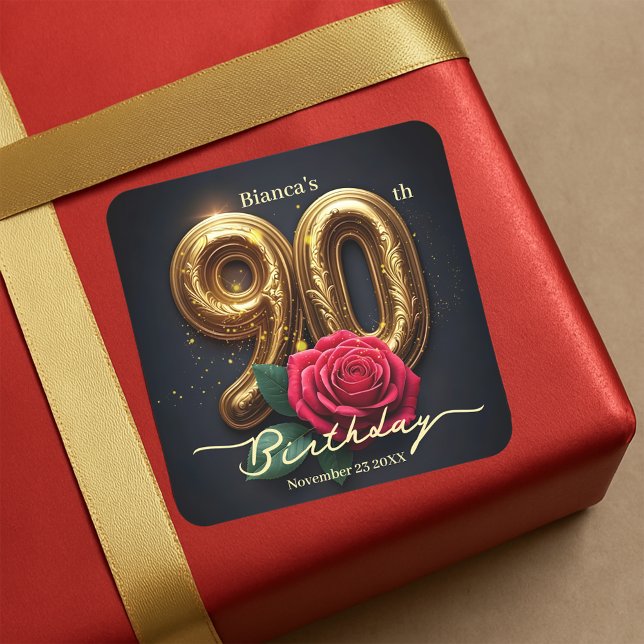 Adesivo Quadrado Classy Chic Red Rose Ornate Golden 90th Birthday (Criador carregado)