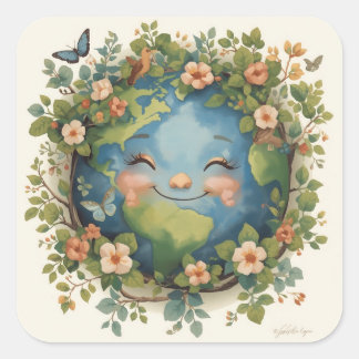 Adesivo Quadrado Clipart da Terra Sorridente – Planeta Feliz Com Fl
