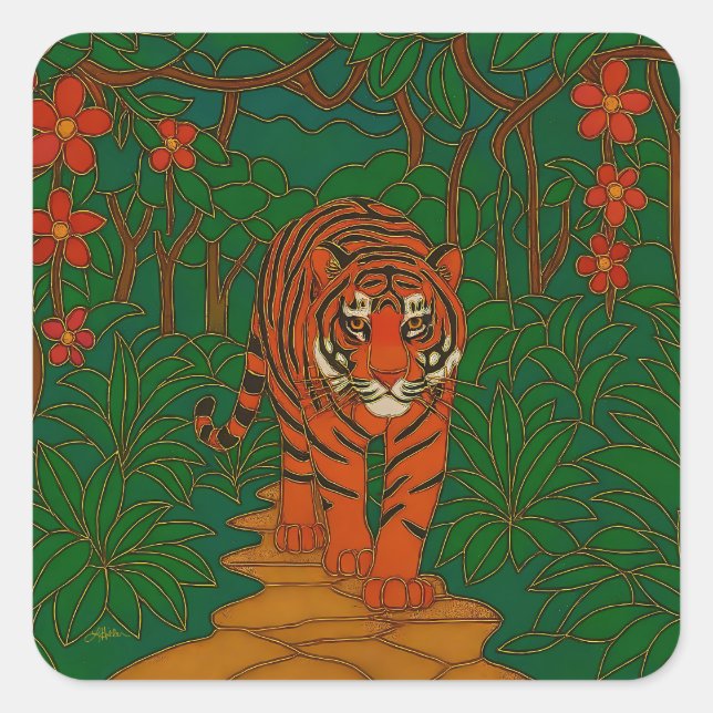 Adesivo Quadrado Cloisonne Art Tiger on the Jungle Path (Frente)