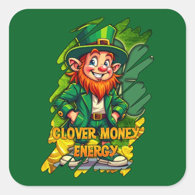 Adesivo Quadrado Clover Money Energy – Lucky Leprechaun Autocolante (Frente)