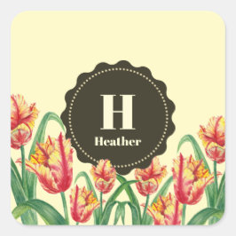 Adesivo Quadrado Coalho Amarelo Papagaio Tulipas Floral Monograma