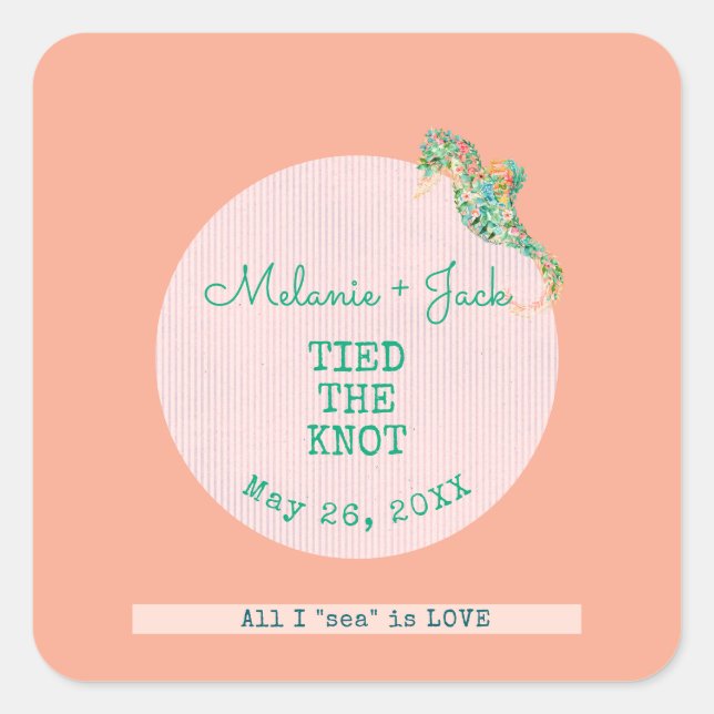 Adesivo Quadrado Coastal Bridal Shower Seahorse Stripe (Frente)