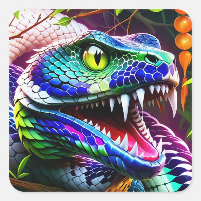 Adesivo Quadrado Cobra Cobra com turquesa vibrante e escalas azuis (Frente)
