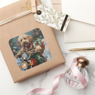 Adesivo Quadrado Cockapoo Cão Andando Moto Natal