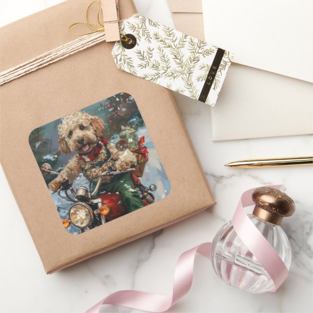 Adesivo Quadrado Cockapoo Cão Andando Moto Natal (Presentear)