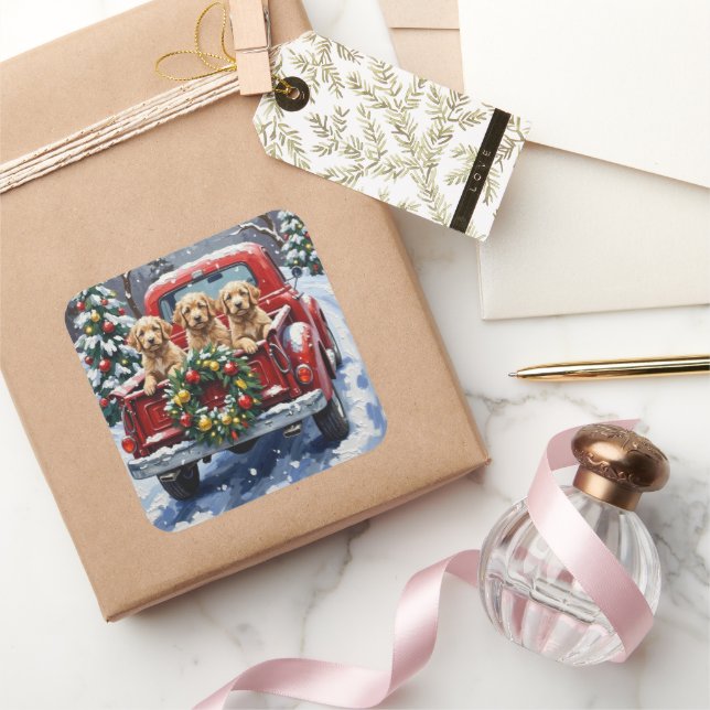 Adesivo Quadrado Cockapoo Christmas Red Truck Holiday (Presentear)