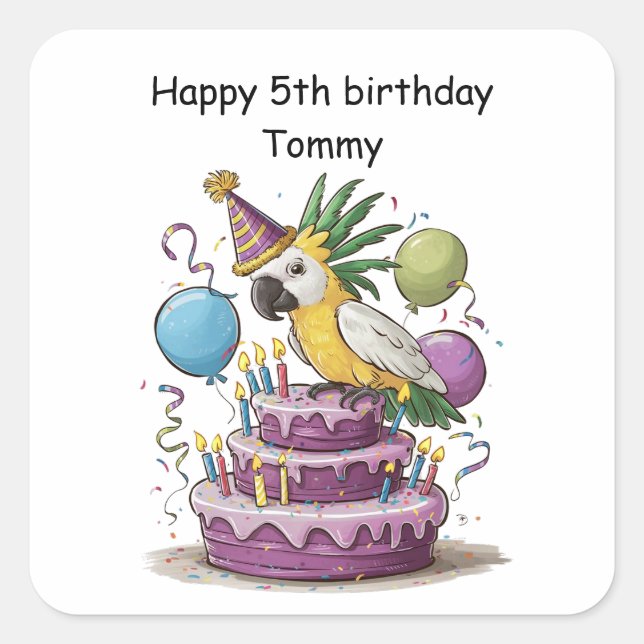 Adesivo Quadrado cockatoon emperrado em balões de bolo de aniversár (Frente)