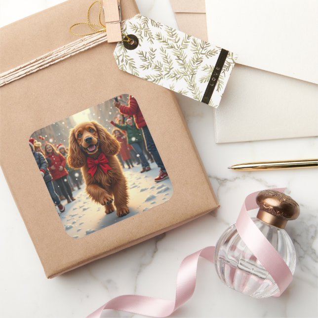 Adesivo Quadrado Cocker Spaniel Christmas Parade Holiday Painting (Presentear)