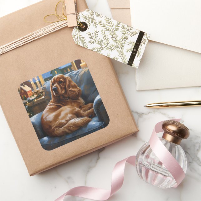 Adesivo Quadrado Cocker Spaniel com Feriado das Luzes de Natal (Presentear)