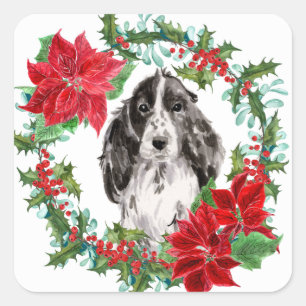 Adesivo Quadrado Cocker Spaniel Poinsettia, Terra de Natal