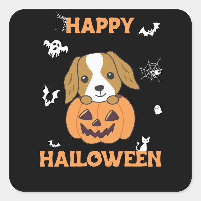 Adesivo Quadrado Cocker Spaniel Pumpkin Cute Dogs Feliz Halloween (Frente)