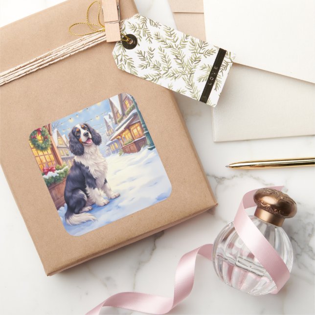 Adesivo Quadrado Cocker Spaniel Snowy Village Christmas Art (Presentear)
