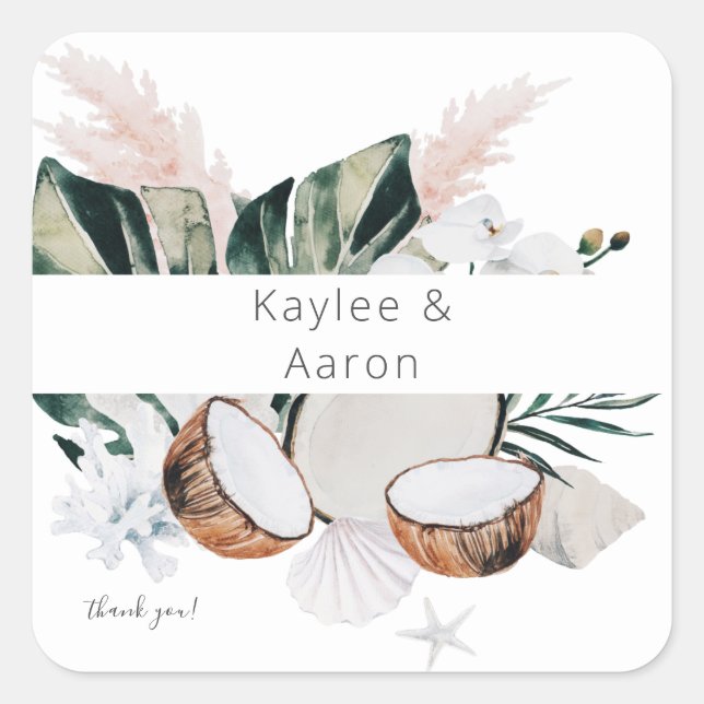Adesivo Quadrado Coconut Coral & White Floral Obrigado (Frente)