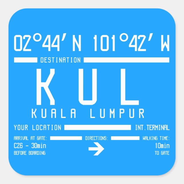 Adesivo Quadrado Código do Aeroporto Internacional de Kuala Lumpur (Frente)