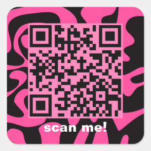 Adesivo Quadrado Código QR - Arte Preta Cor-de-Rosa Quente