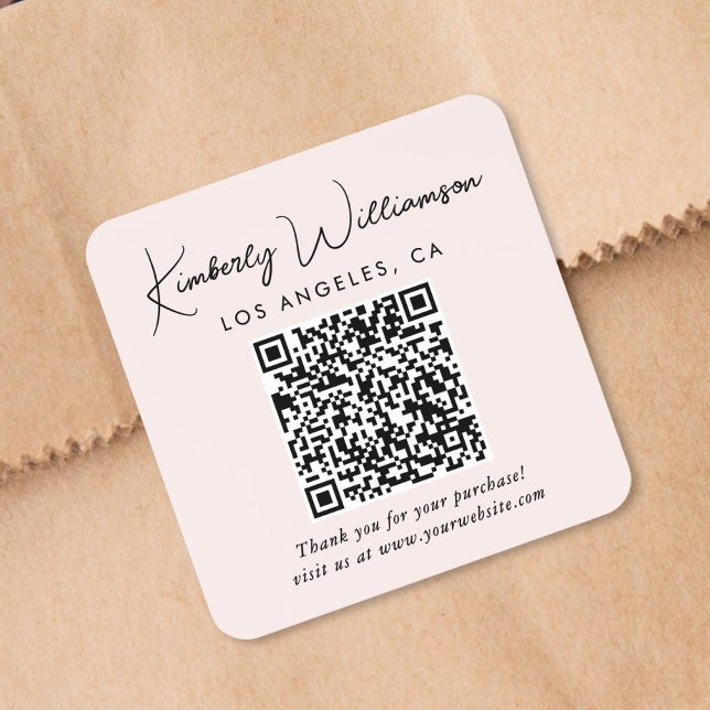 Adesivo Quadrado Código QR de agradecimento rosa em Elegant Script (Criador carregado)