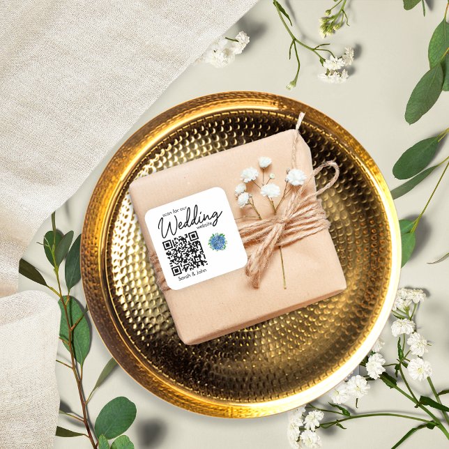 Adesivo Quadrado Código QR de Casamento de Casamento de Hydrangea A (Criador carregado)