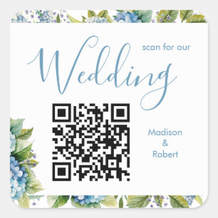 Adesivo Quadrado Código QR de Casamento Elegantes Hortênsias Azuis