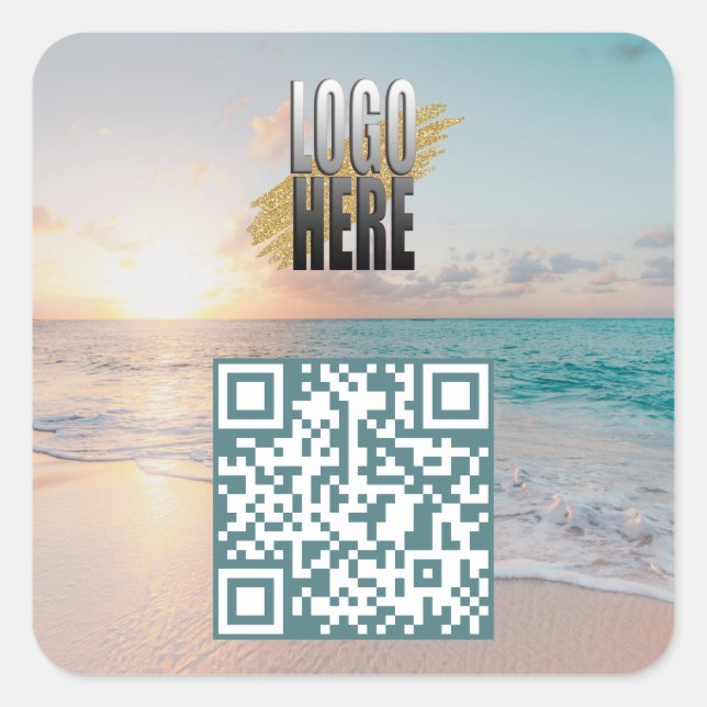 Adesivo Quadrado Código QR de foto de praia com logotipo de empresa (Frente)