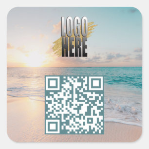 Adesivo Quadrado Código QR de foto de praia com logotipo de empresa