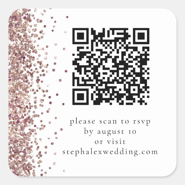 Adesivo Quadrado Código QR de Glitter Dourado rosa para Casamento d (Frente)