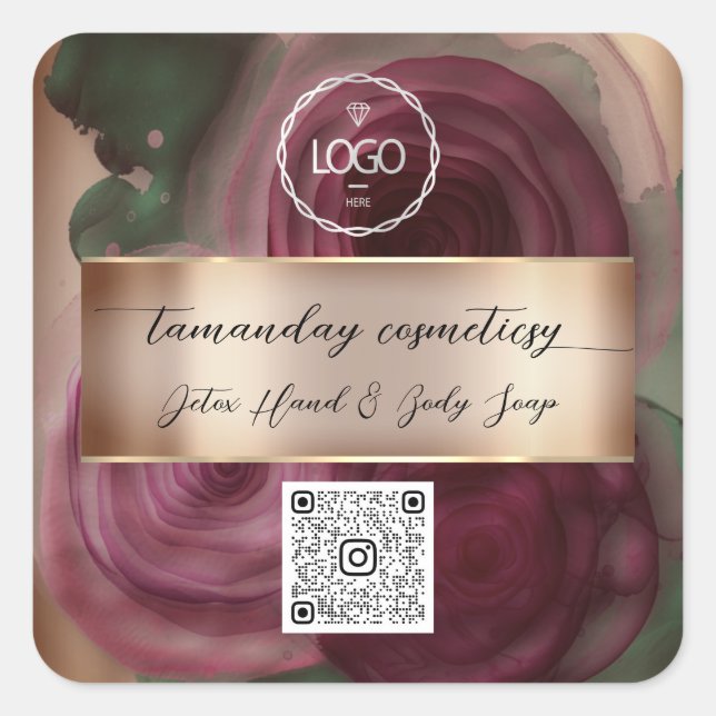 Adesivo Quadrado Código QR Logo Foto Produto Obrigado Rosa Borgonha (Frente)