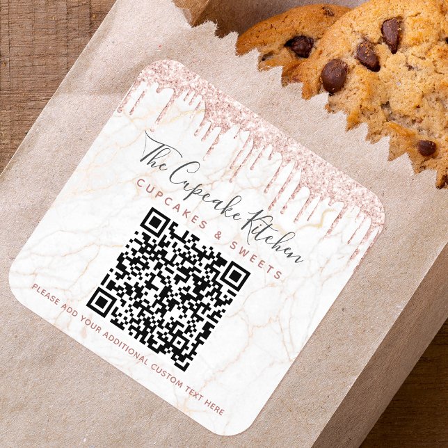 Adesivo Quadrado Código QR Marble Pink Glitter Drives Business Name (Criador carregado)