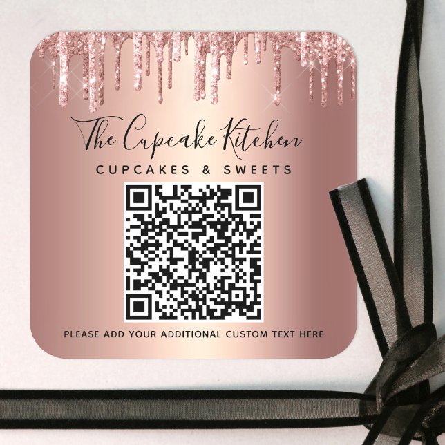 Adesivo Quadrado Código QR Rosa Dourado Brilho Gotas Script Negócio (Criador carregado)