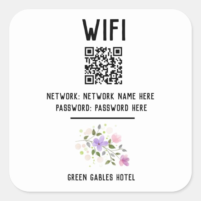 Adesivo Quadrado Código WiFi com código QR e Design Floral (Frente)