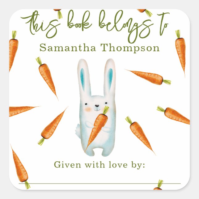 Adesivo Quadrado Coelhinho com cenoura - este livro pertence a (Frente)