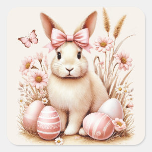 Adesivo Quadrado Coelhinho da Páscoa Coelho Rosa Ovos Laço Coquete