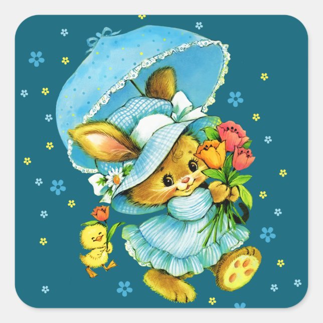 Adesivo Quadrado Coelhinho da Páscoa e Pintinho. Autocolantes (Frente)