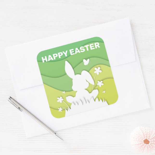 Adesivo Quadrado Coelhinho de Páscoa 3D papel cortado verde primave (Envelope)