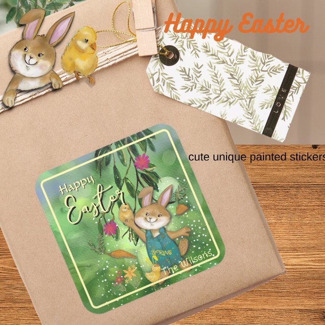 Adesivo Quadrado Coelhinho de Páscoa com Aquarela (Watercolor whimsical Easter Bunny Square Sticker)