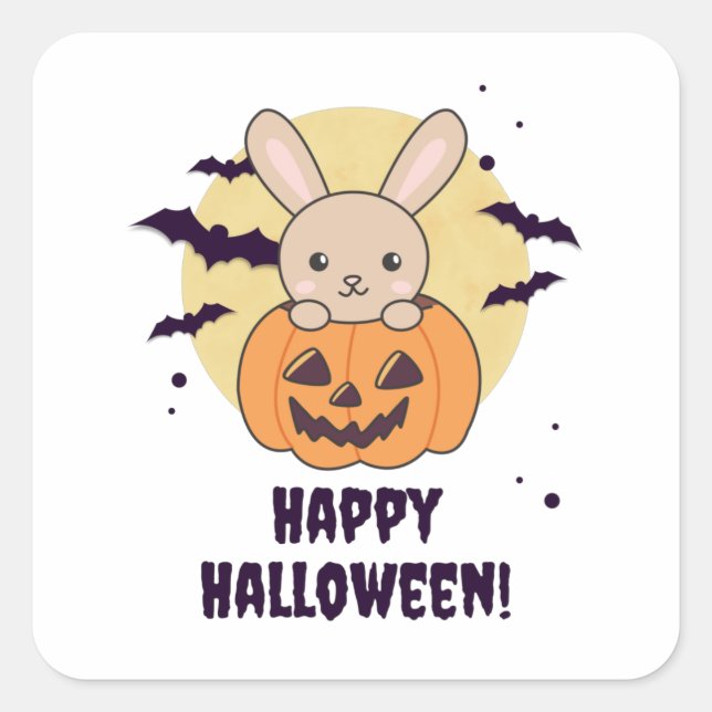 Adesivo Quadrado Coelhinho De Pumpkin Cute Bunnies Feliz Halloween (Frente)