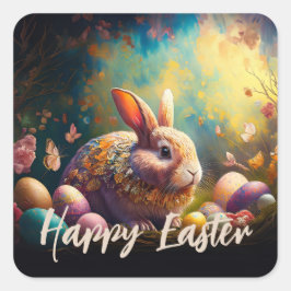 Adesivo Quadrado Coelhinho felz pascoa com ovos de Páscoa