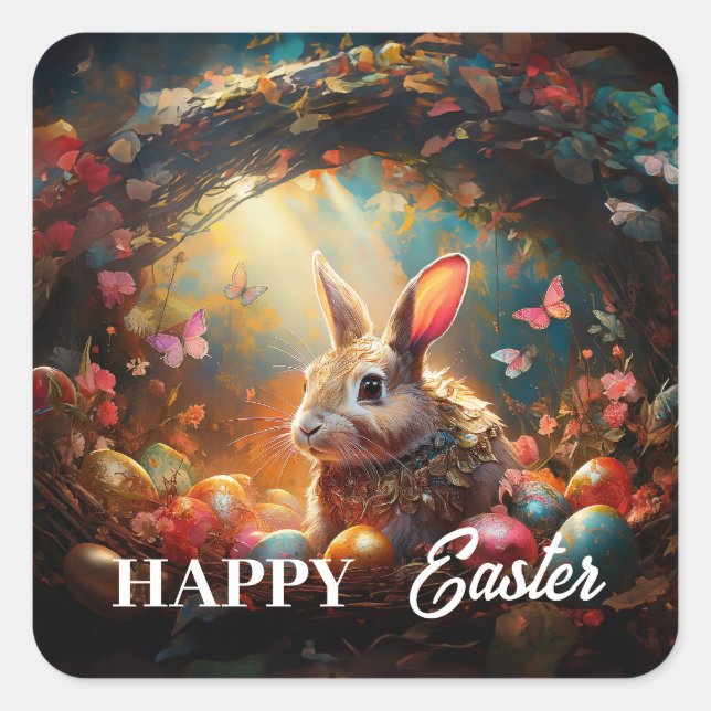 Adesivo Quadrado Coelhinho felz pascoa com ovos de Páscoa (Frente)