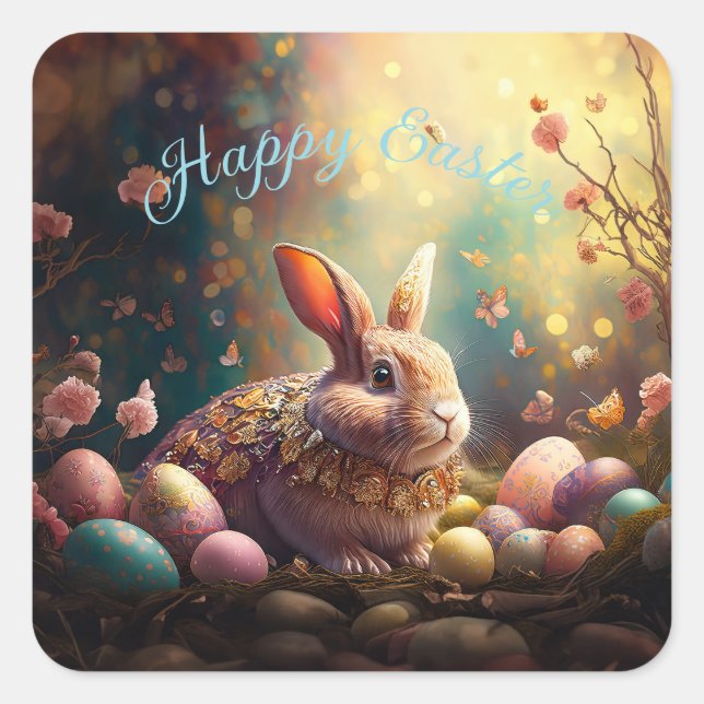 Adesivo Quadrado Coelhinho felz pascoa com ovos de Páscoa (Frente)