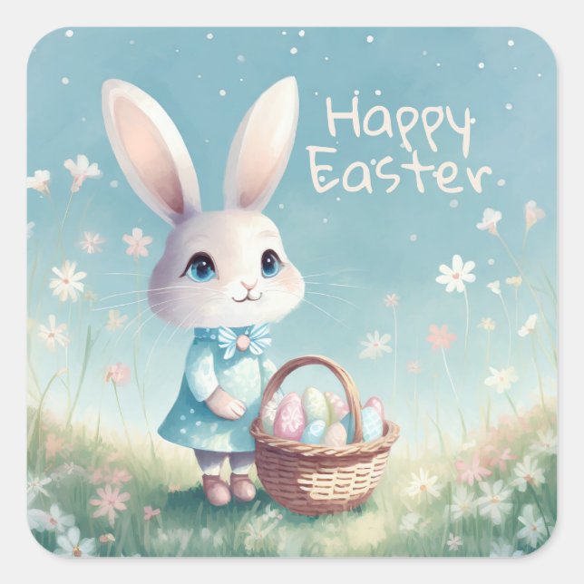 Adesivo Quadrado Coelhinho felz pascoa com ovos de Páscoa (Frente)