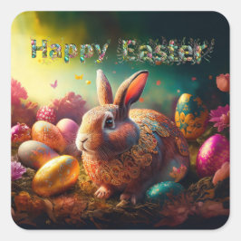 Adesivo Quadrado Coelhinho felz pascoa com ovos de Páscoa