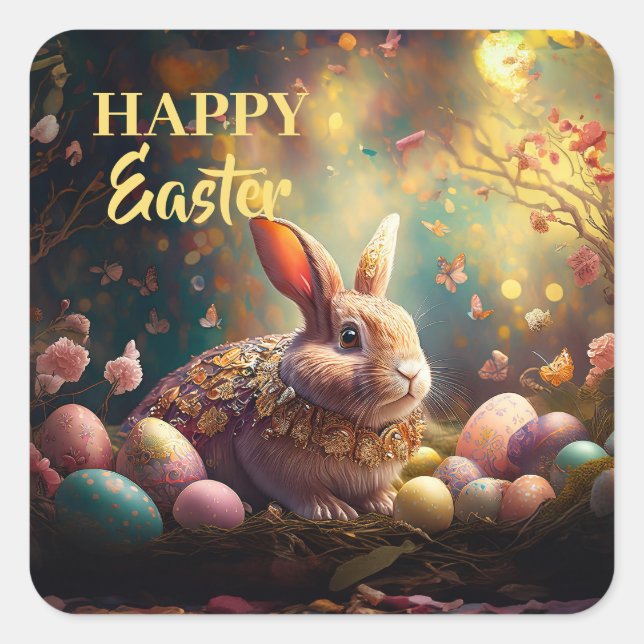 Adesivo Quadrado Coelhinho felz pascoa com ovos de Páscoa (Frente)