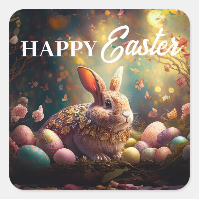 Adesivo Quadrado Coelhinho felz pascoa com ovos de Páscoa (Frente)