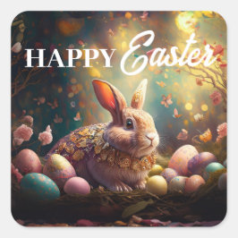 Adesivo Quadrado Coelhinho felz pascoa com ovos de Páscoa