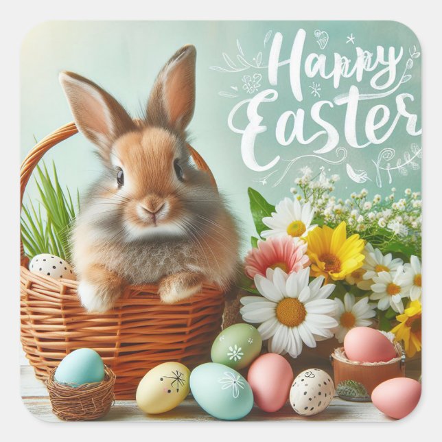 Adesivo Quadrado Coelhinho numa cesta, flores e ovos de Páscoa (Frente)