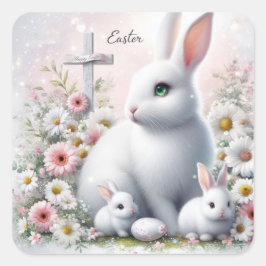 Adesivo Quadrado Coelhinhos de Páscoa, Visitas e Cruz